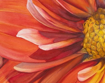 Original Watercolor Painting, dahlias, red, flowers, floral wide horizontal art, botanical, close up, wall art, contemporary, hot, unframed