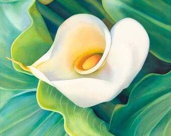 Original Framed Watercolor Painting, calla lily, big flower, floral, white, green, contemporary, Easter, gift, garden, wall art, decor, ART