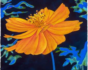 Original Unframed watercolor painting, poppy, flower, stylized, orange, black background, night, cheerful, garden, botanical, vertical art