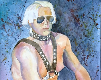 Punk Guy in Leather, life drawing, clothed figure, leather pants, harness, dog collar, graffiti, watercolor, portrait, attitude, man, art,2D