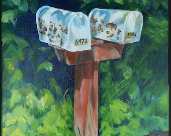 Original acrylic painting on stretched canvas, small art, country road, mailboxes, neighbors, landscape, foliage, rustic, rural, colorful