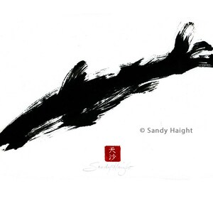 May include: Black ink painting of a fish on a white background. The painting is signed "Sandy Haight" and includes a red stamp with the Chinese characters "天沙".