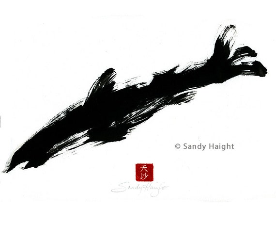 Original Sumi Brush Painting Shark art black white home decor unframed marine fish ocean Japanese style ink wall art sumi e 2D