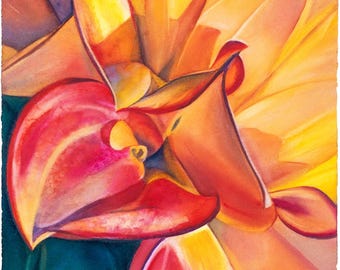 Original unframed watercolor painting, dahlia, flower, floral, garden art, elongated vertical shape, bright yellow, red, wall art, dramatic