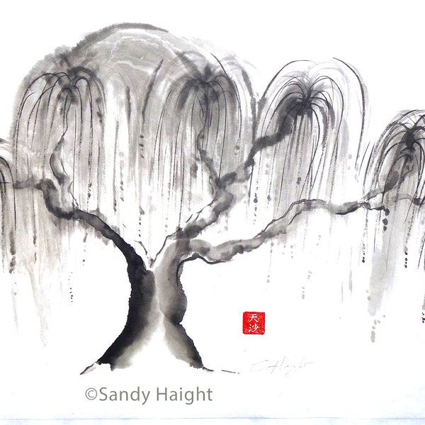 Original Sumi Brush Painting, Weeping Willow, Tree, Ink, Drawing, Black & White, Gift, Wall Art, Home Decor, art, unframed, nature, sumi-e