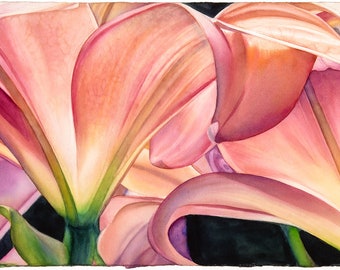 Giclee print of Watercolor Painting, lilies, bouquet, flower, floral, wide horizontal, botanical, macro, art, pink, wall art, contemporary