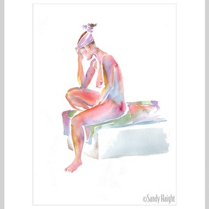 May include: Watercolor painting of a person sitting on a platform. The person is wearing a purple headband and is painted in shades of pink, orange, and yellow.