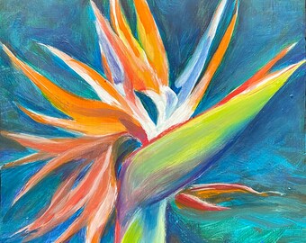 Original Acrylic painting on cradled panel, tropical flower, bird of paradise, Hawaii, square art, ready to hang, botanical, garden, bloom