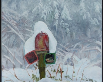 Original acrylic painting on stretched canvas, small art, country road, mailbox, landscape, rural, winter, white, snow, rustic, colorful art
