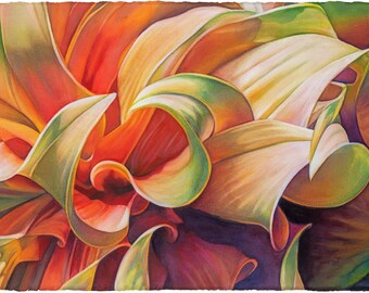 Original framed watercolor painting, Dahlia, flower, floral, garden, close up, lively, energetic, orange, green, botanical, abstract, art