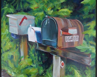 Original acrylic painting on stretched canvas, small art, country road, mailboxes, neighbors, landscape, foliage, rustic, green, colorful