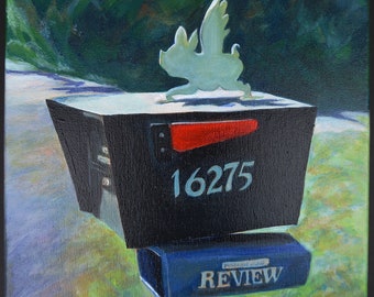 Original acrylic painting on stretched canvas, small art, country road, new mailbox, pig, neighbors, landscape, mail, ornament, rural, news