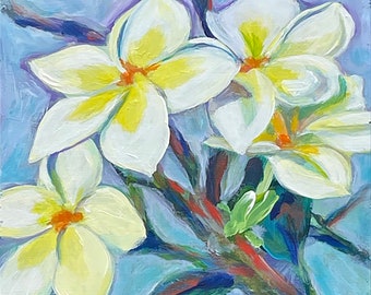 Original acrylic painting on cradled panel, Plumeria, flower, tropical, Hawaiian, flower cluster, wall art. square art, small art, botanical