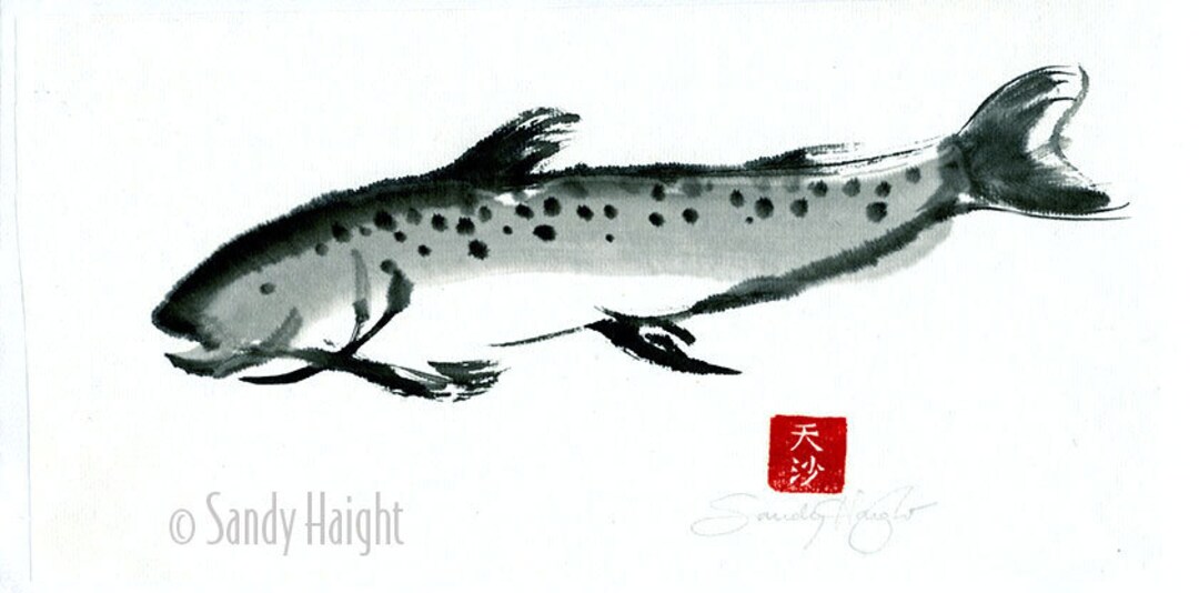 Original Sumi Brush Painting,trout,black & White,art,wall Art,salmon