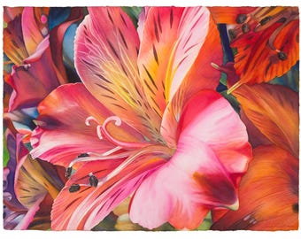 Original framed watercolor painting, Peruvian lily, flower, floral, bouquet, hot colors, flamboyant, exciting, wall art, contemporary, gift