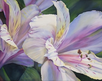 Giclee print of watercolor painting, Alstroemeria, bloom, macro view, large size, art, pastel colors, botanical, wall art,  unframed, garden