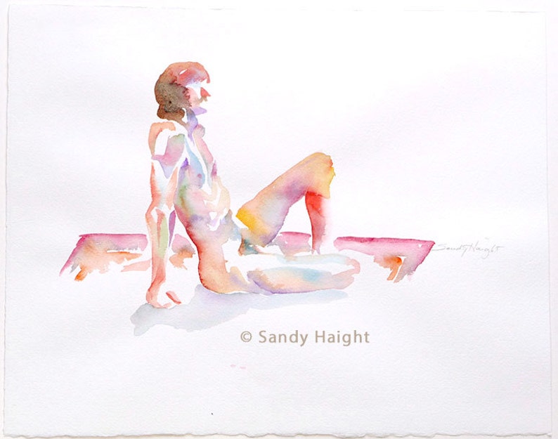 Original Watercolor Life Drawing, 25% OFF SALE nude, male, figure, seated, profile, home decor, unframed, painting, wall art, man, gift, 2D image 1