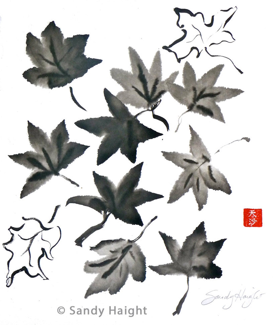 Original Sumi Brush Painting, Leaves, Maple, Fall, Autumn, Home Decor