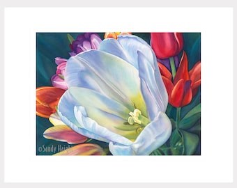 Framed Giclee of Watercolor Painting, white tulip, bouquet, flower, floral, close up, wall art, decor, large, sensuous, garden, spring, gift
