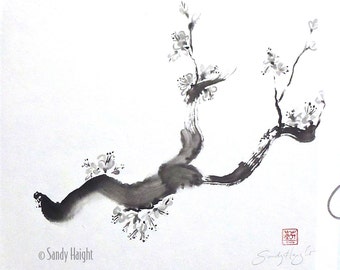 Original Sumi Painting, Plum Blossom Branch, black & white, spring, tree, blooms, art, decor, painting, wall art, Japanese, unframed, brush,