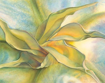Giclee print of original watercolor painting, floral, yellows, blues, trumpet flower, unusual view, abstraction, interior design, garden art