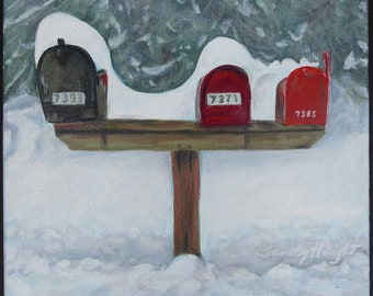 Original acrylic painting on stretched canvas, small art, country road, mailboxes, landscape, rural, winter, white, snow, rustic, colorful