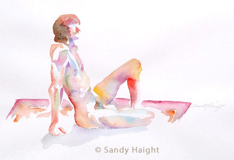 Original Watercolor Life Drawing, 25% OFF SALE nude, male, figure, seated, profile, home decor, unframed, painting, wall art, man, gift, 2D image 2