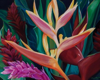 Giclee print of acrylic painting, large print, Hawaii, tropical, bouquet, flowers, colorful, heliconia, ginger, botanical, art, greens, reds