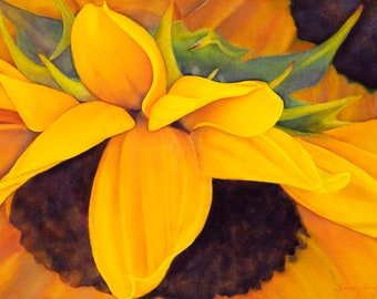 Original watercolor framed painting, sunflower, Ukraine, macro view, flower, floral, blossom, botanical, garden, wall art, donation, peace