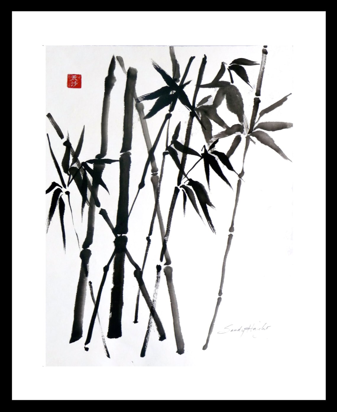 Original Framed Sumi Brush Painting, Crossed Bamboo, Art, Black & White