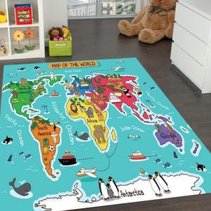 Tapis rectangle carte du monde, tapis de chambre d'enfant, tapis de chambre d'enfants, décoration de chambre d'enfants, tapis d'enfants, carpette, tapis rectangle animaux, décoration de tapis, tapis éducatif