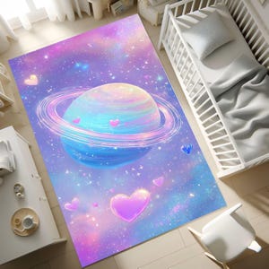 Galaxy Planet Rug for Kids Room | Soft Pastel Non-Slip Nursery Carpet | Space Floor Mat with Hearts | Baby Girl Gift for Her | Pastel Decor