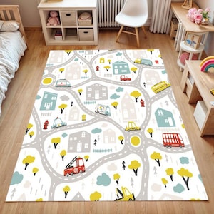 City Street Map Rug for Kids Room – Square Traffic Playmat with Cars & Roads – Educational Vehicle Carpet – Boys Floor Decor Gift-Gift Rug
