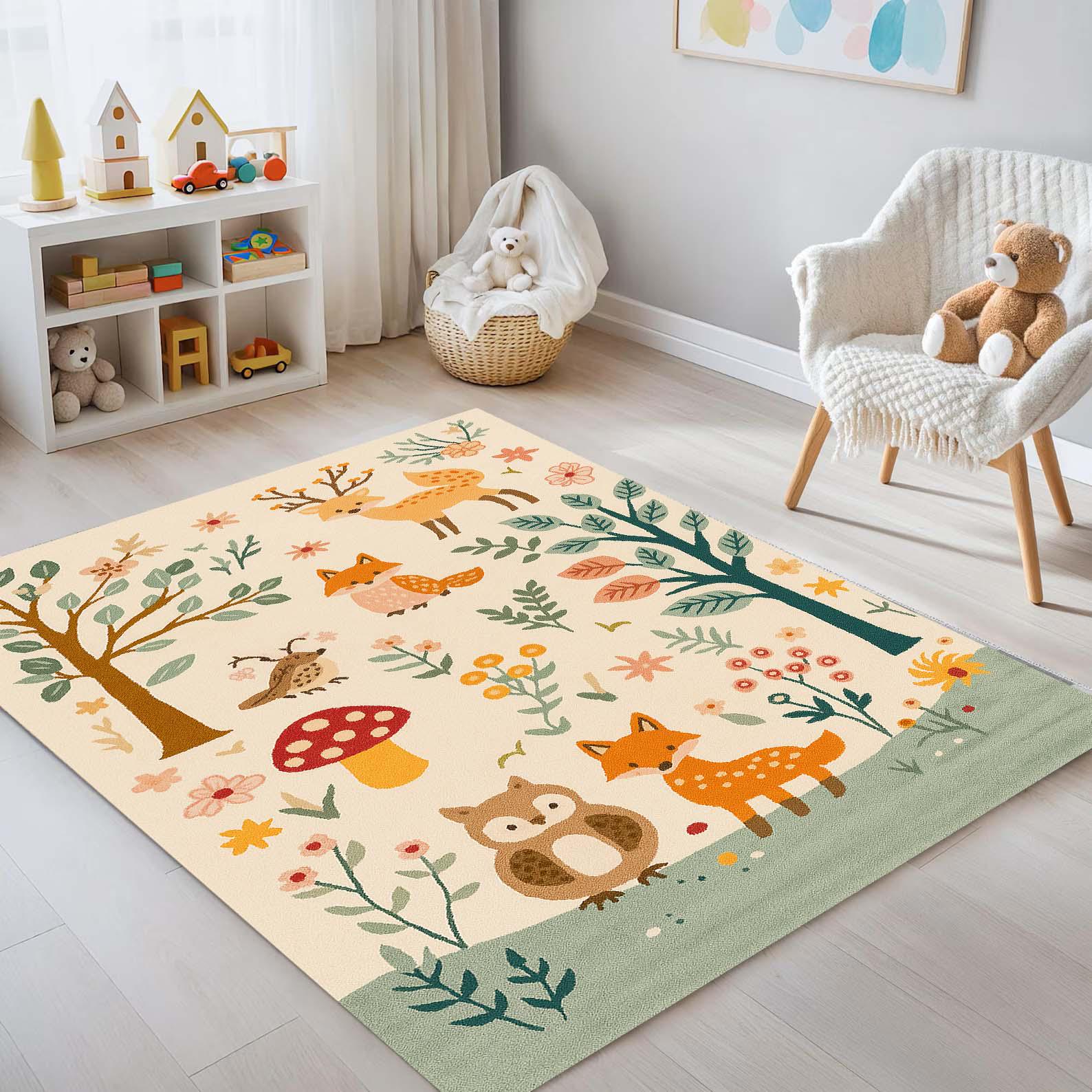 Woodland Animals Kids Rug: Washable Forest Theme Nursery Carpet With ...