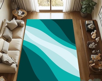 Abstract Wave Area Rug – Modern Teal Washable Living Room Carpet