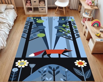 Fox Forest Kids Rug: Scandinavian Woodland Animal Washable Playroom Rug