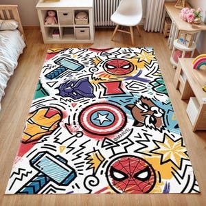 Marvel Superhero Symbols Rug – Colorful Cartoon Carpet with Spider-Man, Iron Man, Thor, Captain America – Kids Room Gift – Soft Floor Mat
