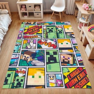 Minecraft Kids Rug-Cartoon Style Creeper Carpet for Boys Room, Gamer Nursery Mat,Colorful Playroom Floor Decor,Gift for Kids-Cool Gift Idea