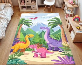 Dinosaur Kids Rug: Washable Nursery Play Mat, Dino Bedroom Decor