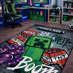 May include: A Minecraft-themed area rug featuring a green Creeper, TNT blocks, and graffiti-style text that reads "BOOM". The rug is primarily gray with accents of red, white, and purple.