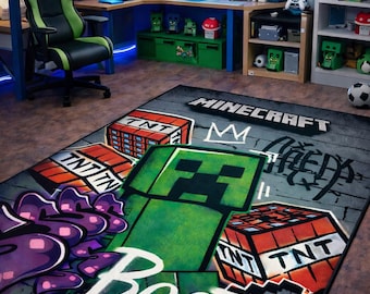 Pixel Adventure Rug : Green Monster Gamer Carpet for Kids Room and Game Play Area