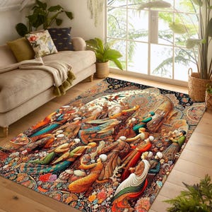 Persian Miniature Art Rug - Oriental Decorative Carpet for Living Room, Unique Islamic Wall Art Floor Mat - Boho Vintage Home Decor,Gift Rug