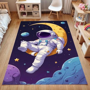 Astronaut Kids Rug: Washable Space Theme Nursery Carpet
