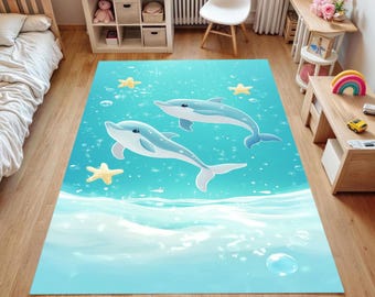 Personalized Dolphin Kids Rug: Ocean Nursery Playroom Mat