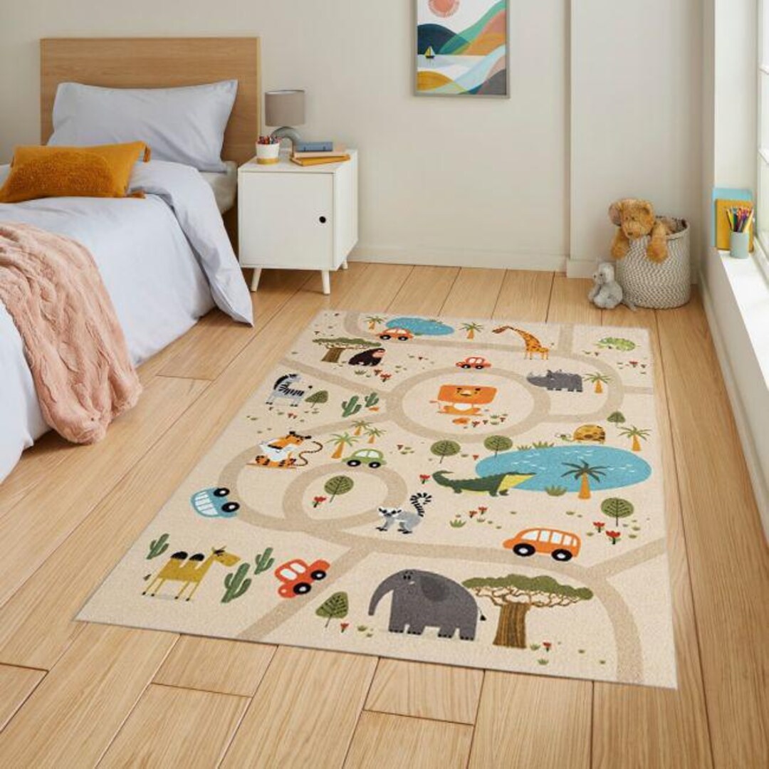 Safari Themed Kids Rug,jungle Animals Play Mat,road Nursery Play Mat ...
