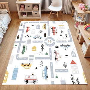 Road Rug for Kids Room–Car Play Carpet with Police, Ambulance & Bus–Traffic Map Playmat for Boys–Nursery City Streets Mat-Cool Gift for Kids