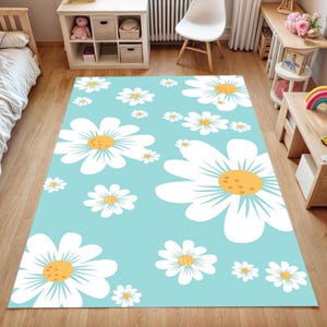 Blue Daisy Flower Rug for Girls Room - Washable Floral Kids Carpet - Soft Non Slip Spring Nursery Play Mat for Toddlers and Babies-Gift Rug