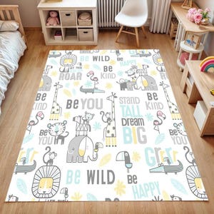 Neutral Safari Animal Rug for Kids Room -Soft Pastel Nursery Floor Mat with Motivational Quotes - Gender Neutral Toddler Room Decor-Gift Rug