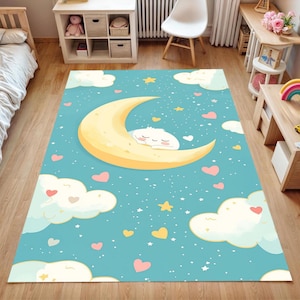 Personalized Moon & Stars Nursery Rug | Cute Custom Sleeping Baby Carpet | Soft Non-Slip Kids Room Mat | Playroom or Bedroom Decor Gift