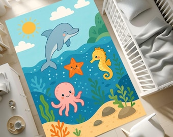 Ocean Animals Kids Rug: Washable Nursery Play Mat